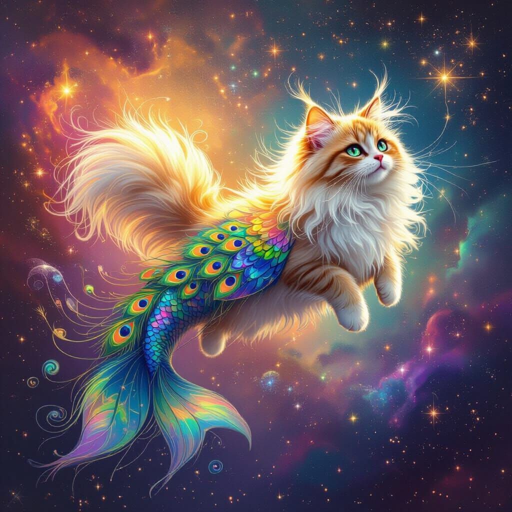 Cat with Peacock Feathers Soars Through Galaxy