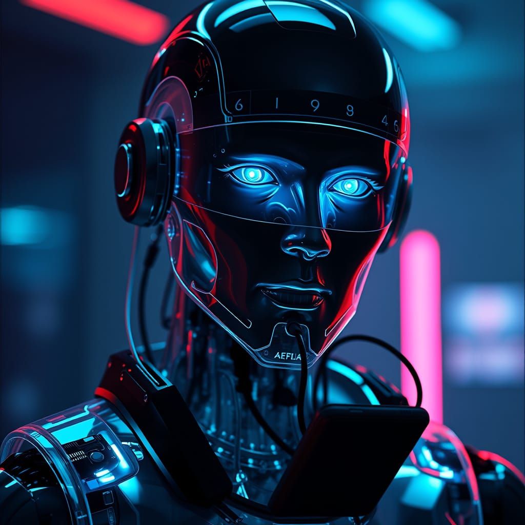 Futuristic Glass Robot with Neon Reflections in Cinematic St...