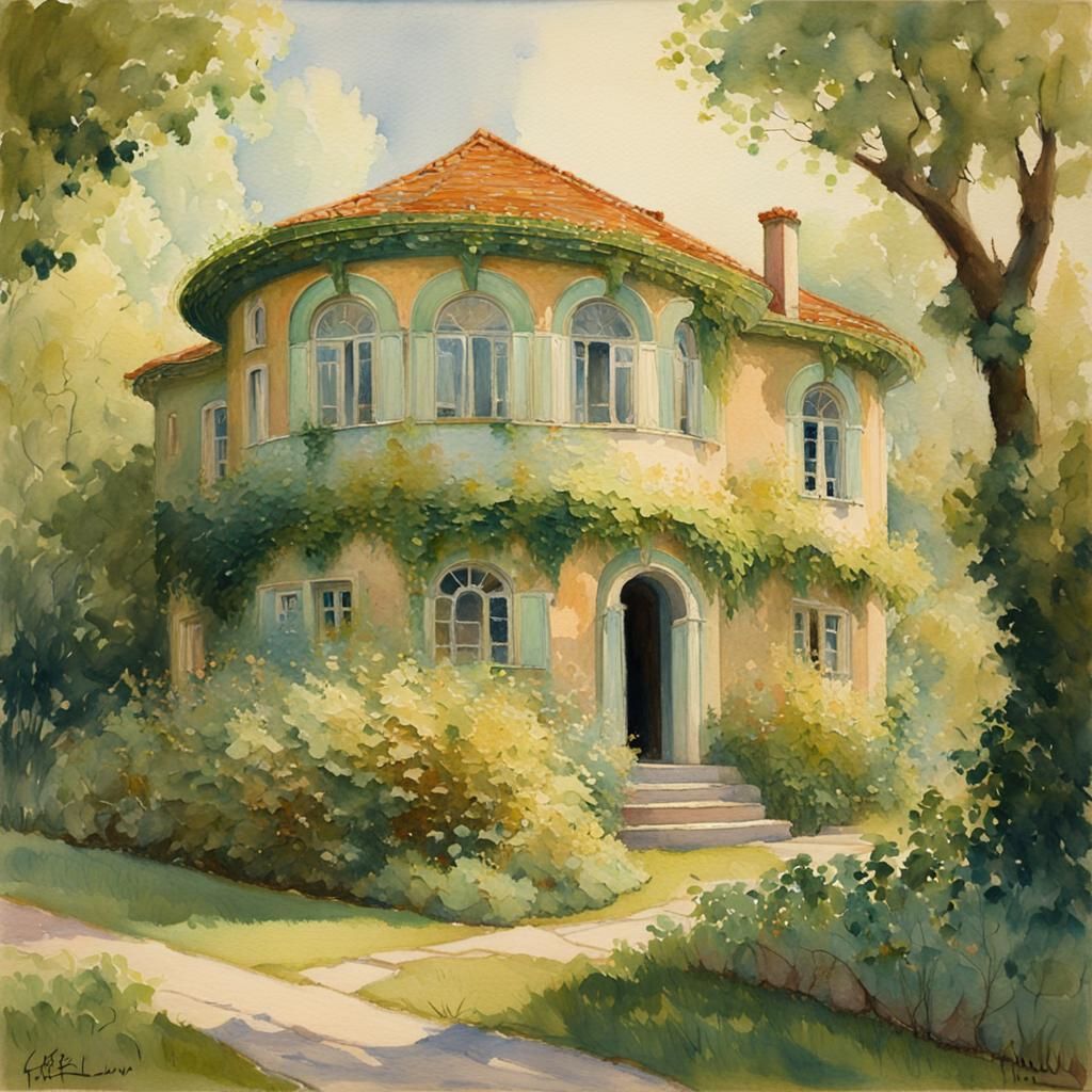 Art Deco House in Lush Garden: Watercolor Painting
