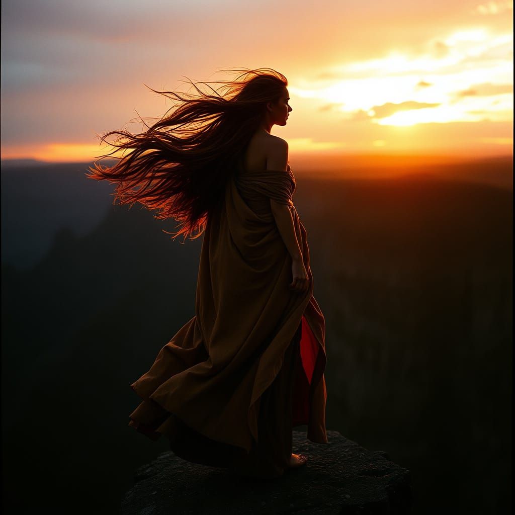 Heroic Ethereal Woman at Sunset on Windswept Cliff in Cinema...