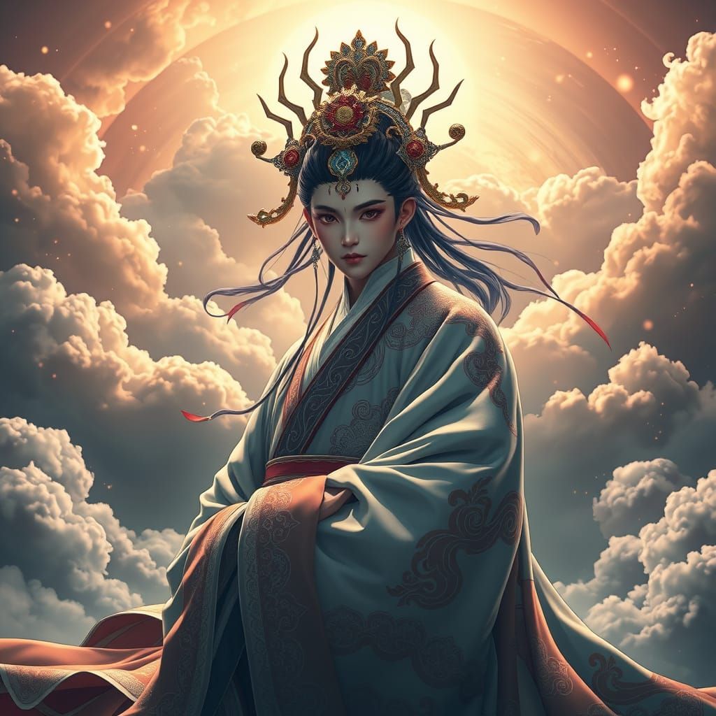 Majestic Jeoseung Saja in Anime Style with Swirling Clouds