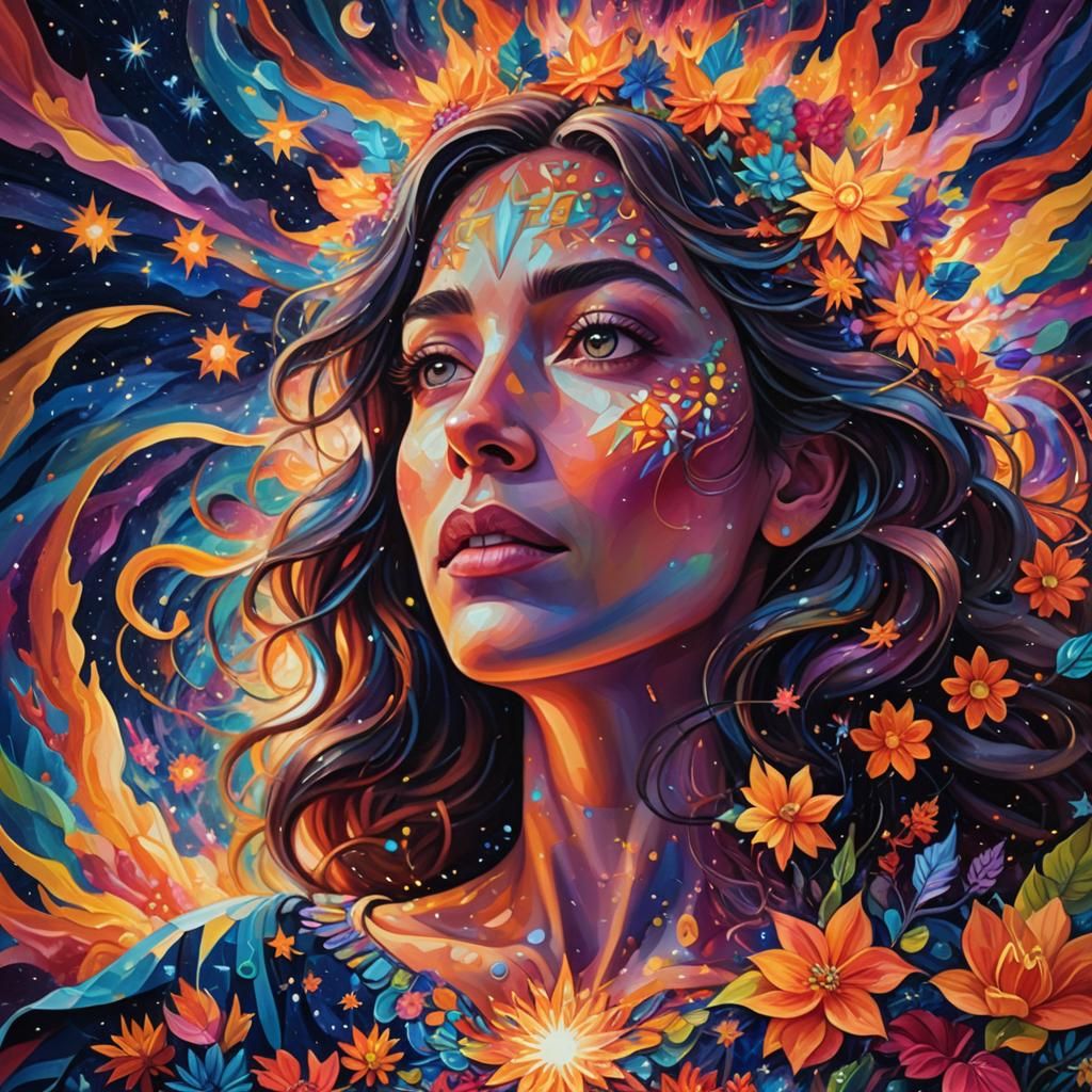 Celestial Woman Surrounded by Cosmic Energy in Oil Painting