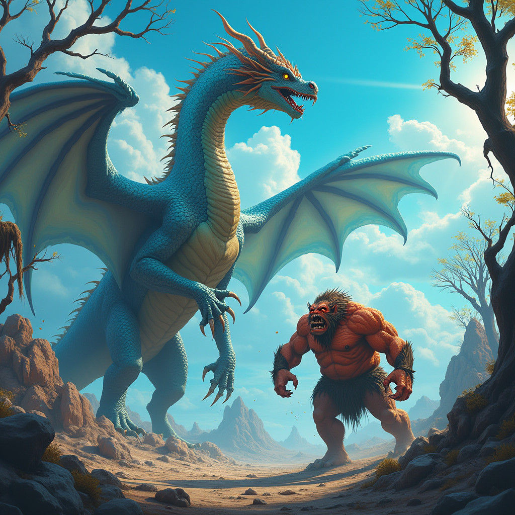 Dragon and Troll Battle in Ancient Landscape