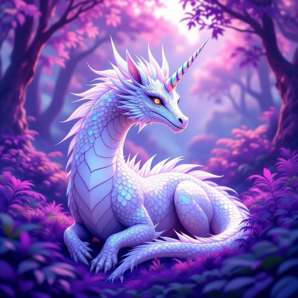Unicorn Dragon in Dreamy Purple Forest