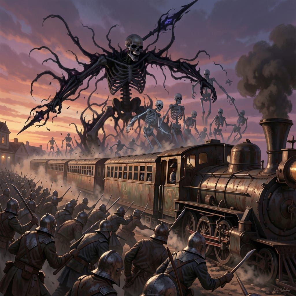 Giant Shadow Skeleton Fights Army on Train