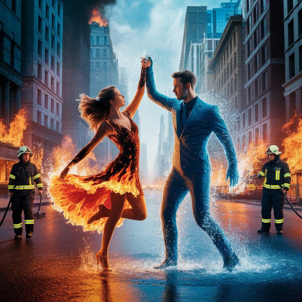 Fiery Dance: Woman and Water Man in Burning City