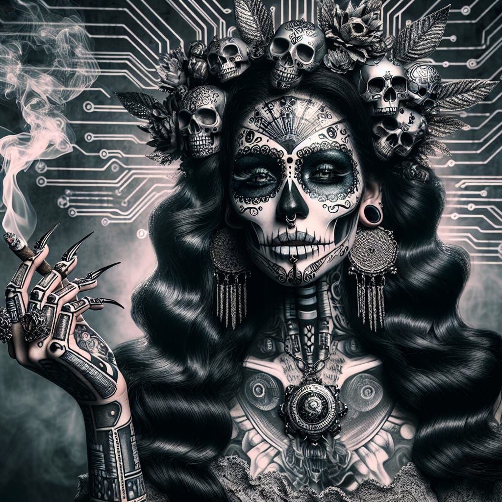 Cyber Gothic Sugar Skull Woman with Tattoos