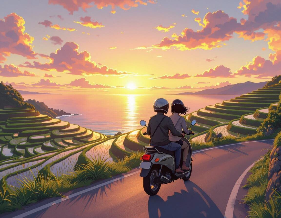 Anime Style Motorbike Ride Towards Sunset
