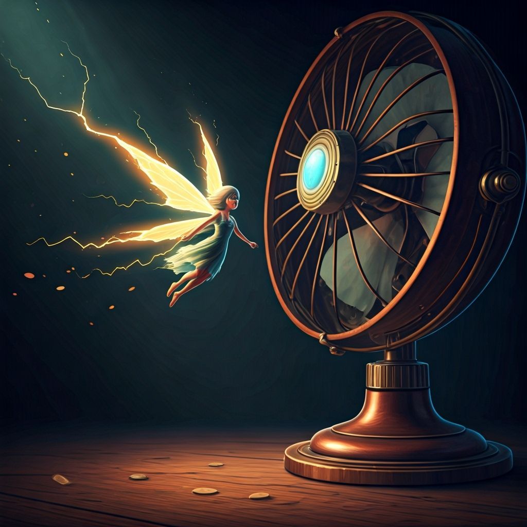 Electric Fairy Flies Past Fan, Vibrant Art Style
