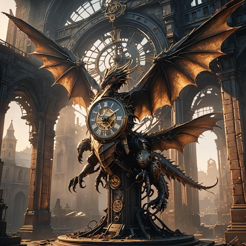 Clockwork Dragon in Abandoned Clock Tower: 3D Render