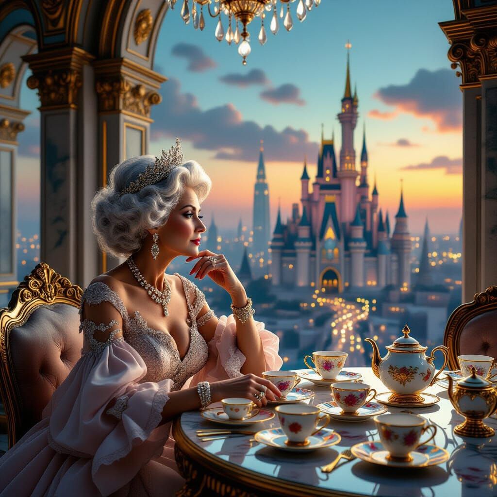 Grandmother in Opulent Gown Amidst Surreal Ballroom Cityscap...