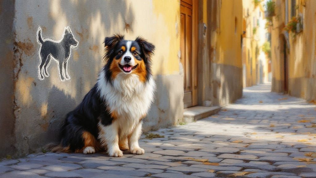 Fluffy Tricolor Dog in Sunlit Alleyway, Impressionistic Styl...