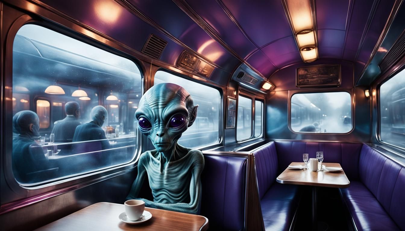Alien Peering into Restaurant Car in Surreal Style