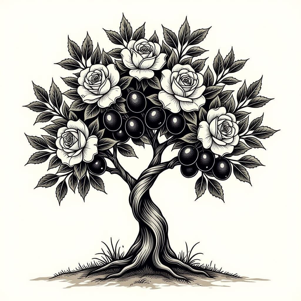 Olive Tree and Roses Tattoo in Black Ink Style
