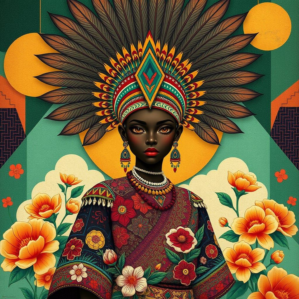 Aztec Warrior Princess with Flowers in Japanese Art Style