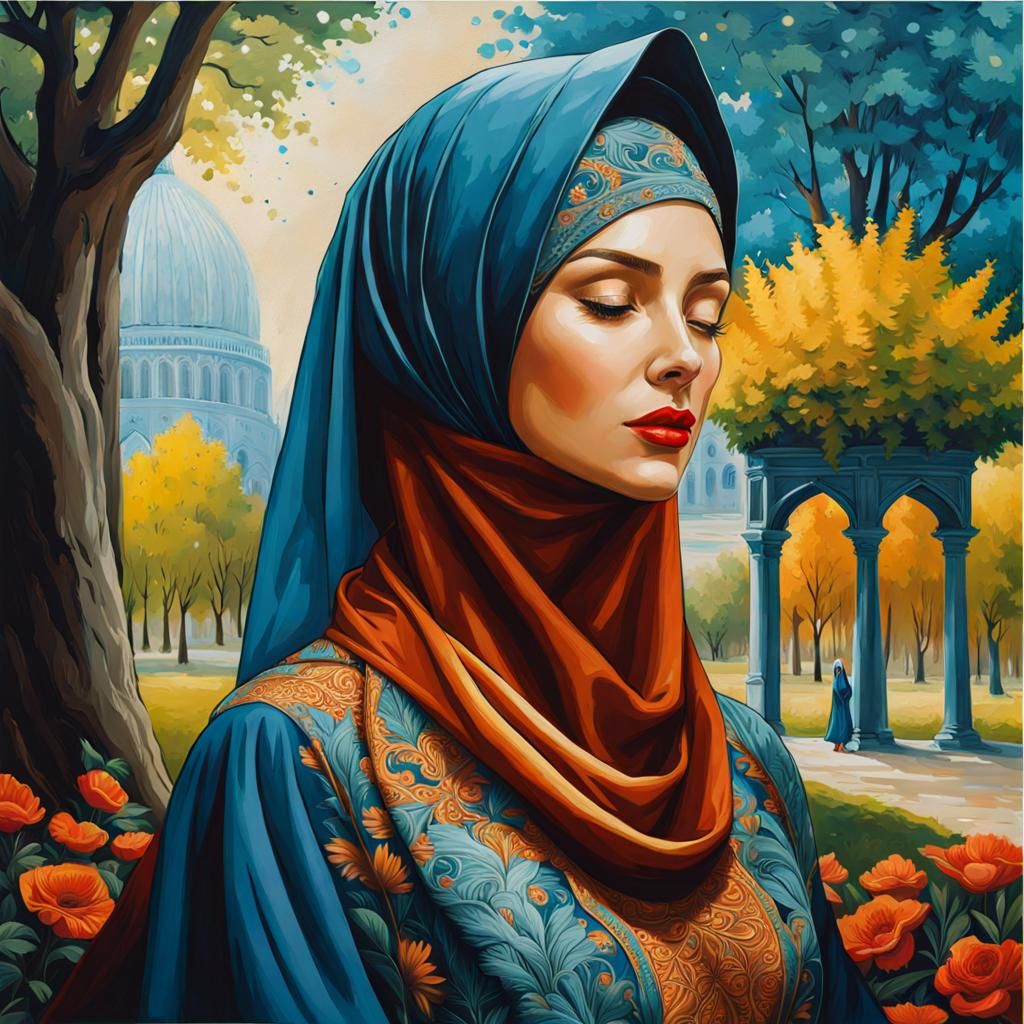 Beautiful Woman in Hijab: Detailed Oil Painting