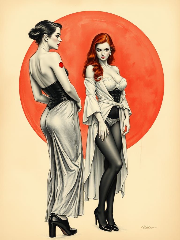 Elegant Pinup Girls in Graphite with Red Circle