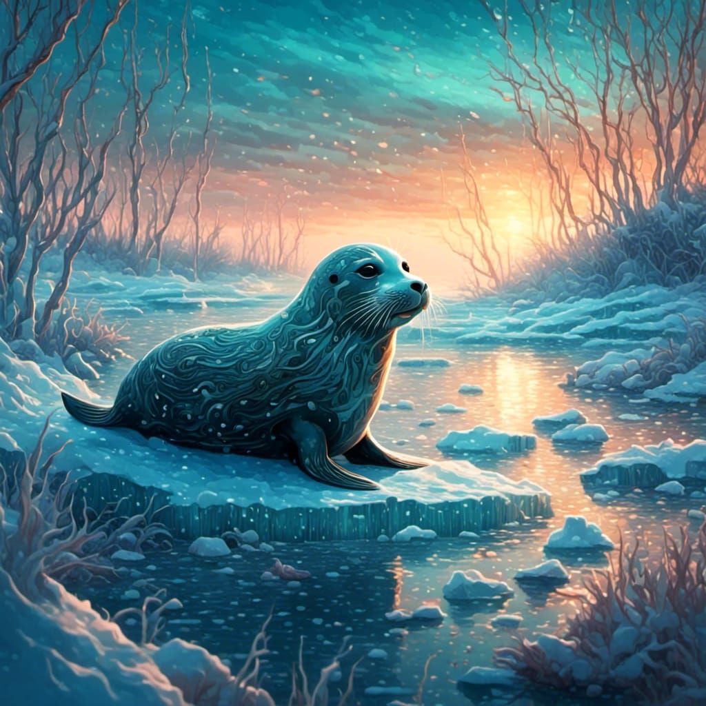 Baby Seal on Icy Shore at Dawn
