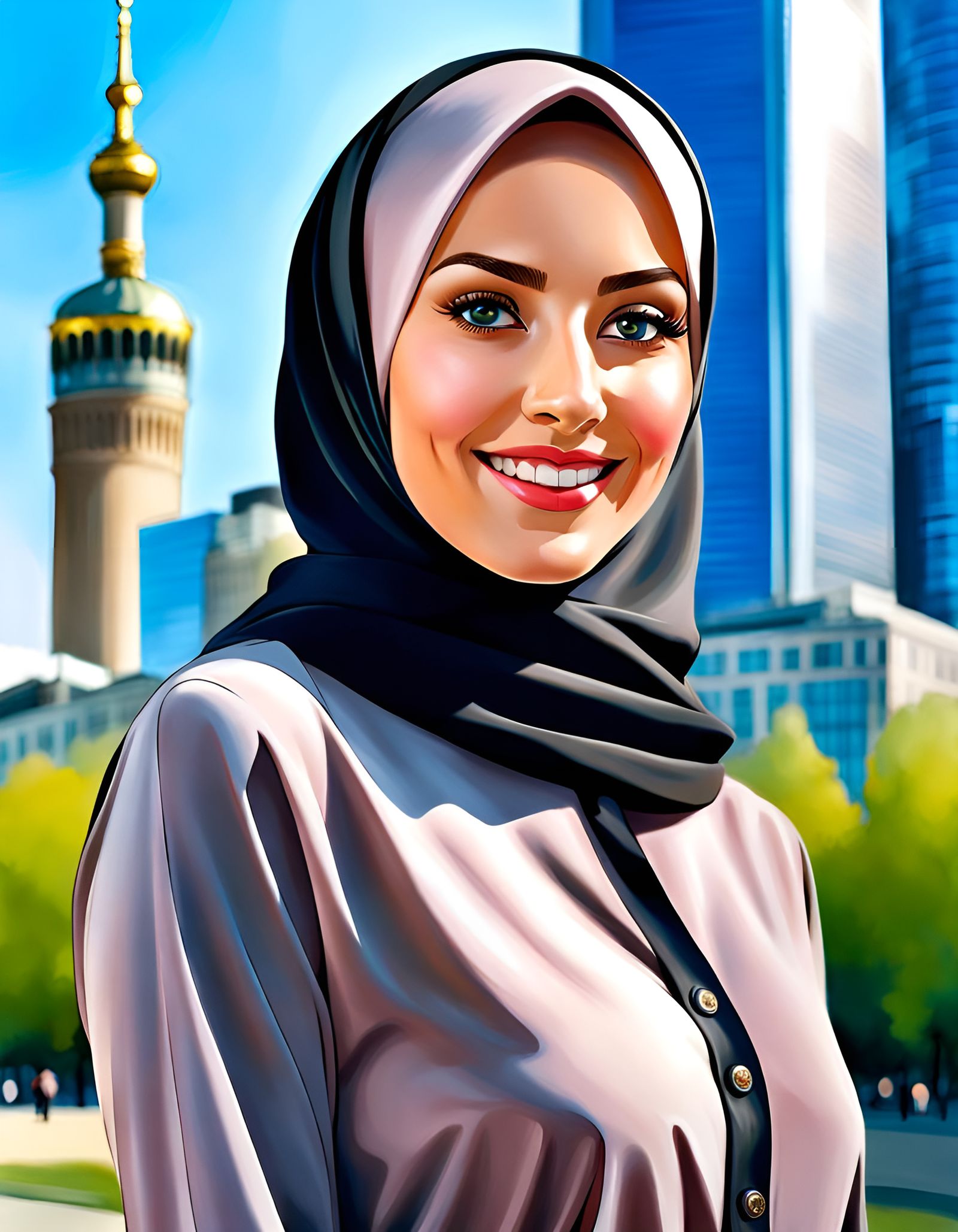 Elegant Hijabi Woman in City, Oil Painting