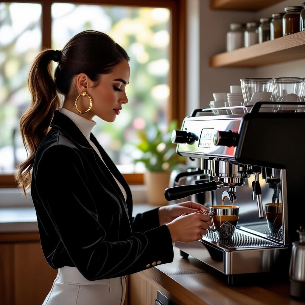 Stylish Woman Makes Coffee in Gourmet Kitchen