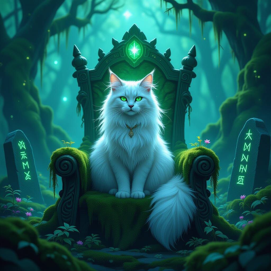 Mystical Moonlit Cat on Throne in Magical Forest