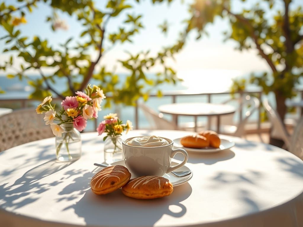 Bright Morning Cafe Scene with Coffee and Flowers