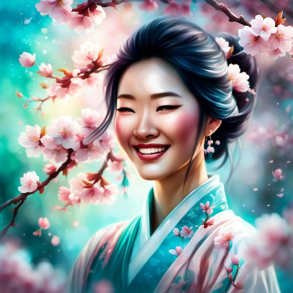 Smiling Asian Girl Surrounded by Cherry Blossoms