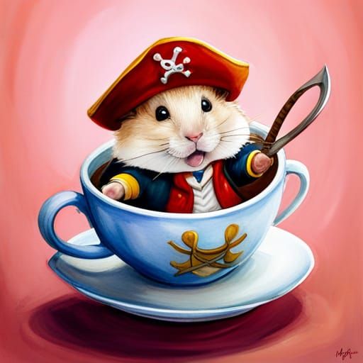 Happy Pirate Hamster in Coffee Cup, Digital Art