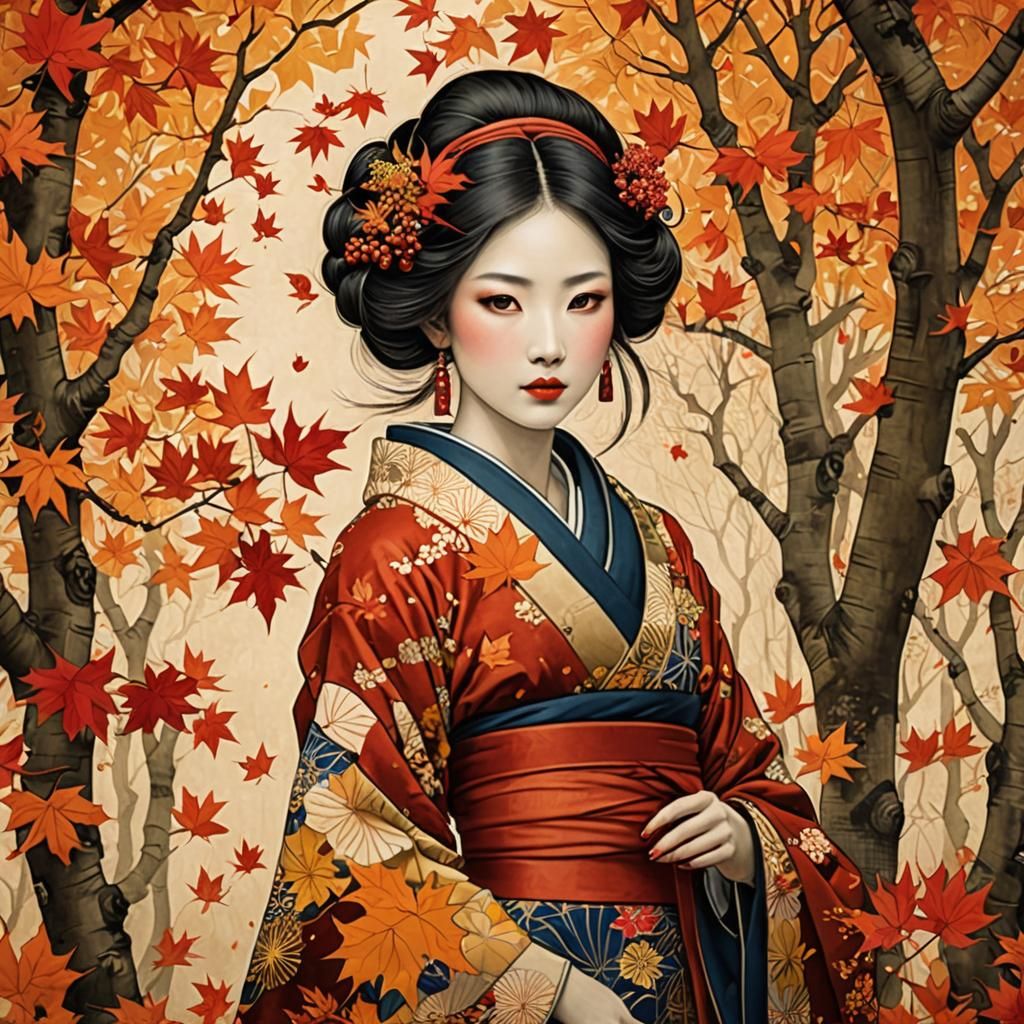Japanese Girl in Autumn: Ukiyo-e Print with 3D Shading