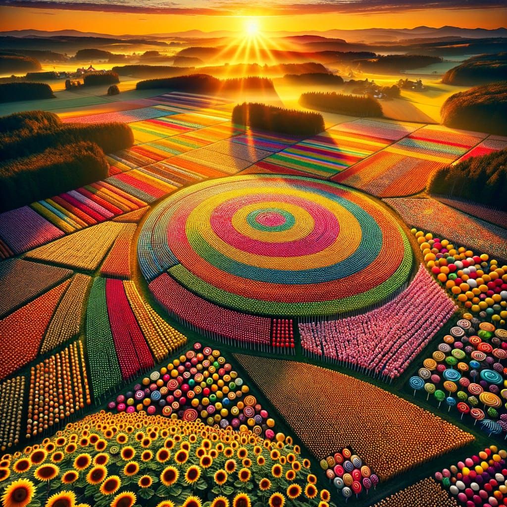 Lollipop Farm in Germany with Sunflower Fields at Sunset