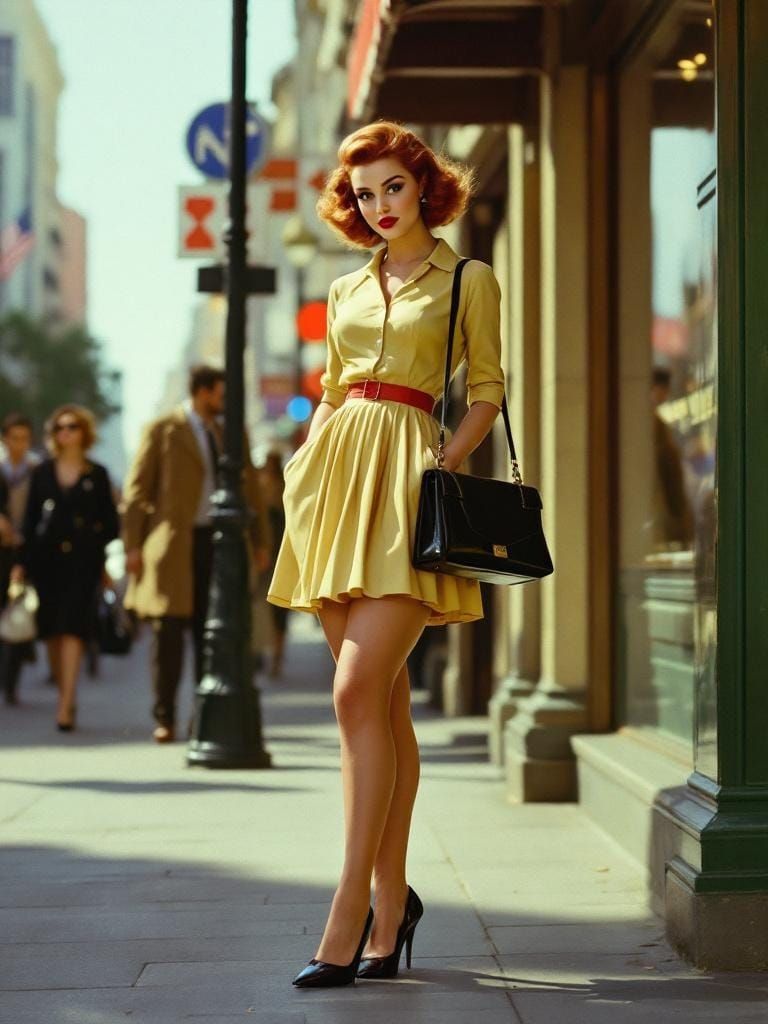 Pop Art Pin-Up in Cityscape, Classic Painting Style