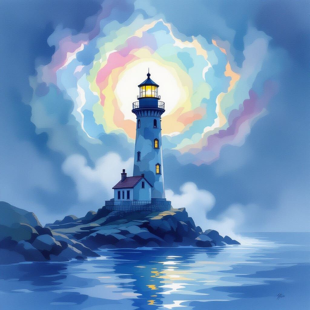 Glass Lighthouse Shines Through Dreamlike Fog