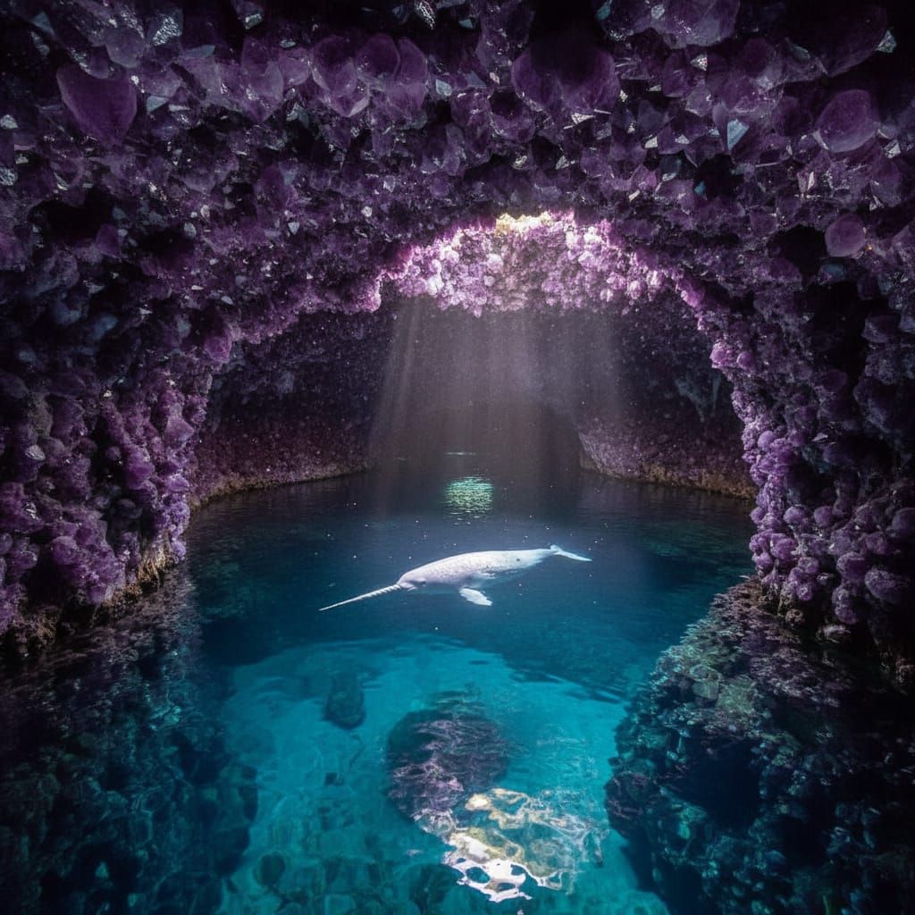 White Narwhal Swims in Crystal Clear Amethyst Cave