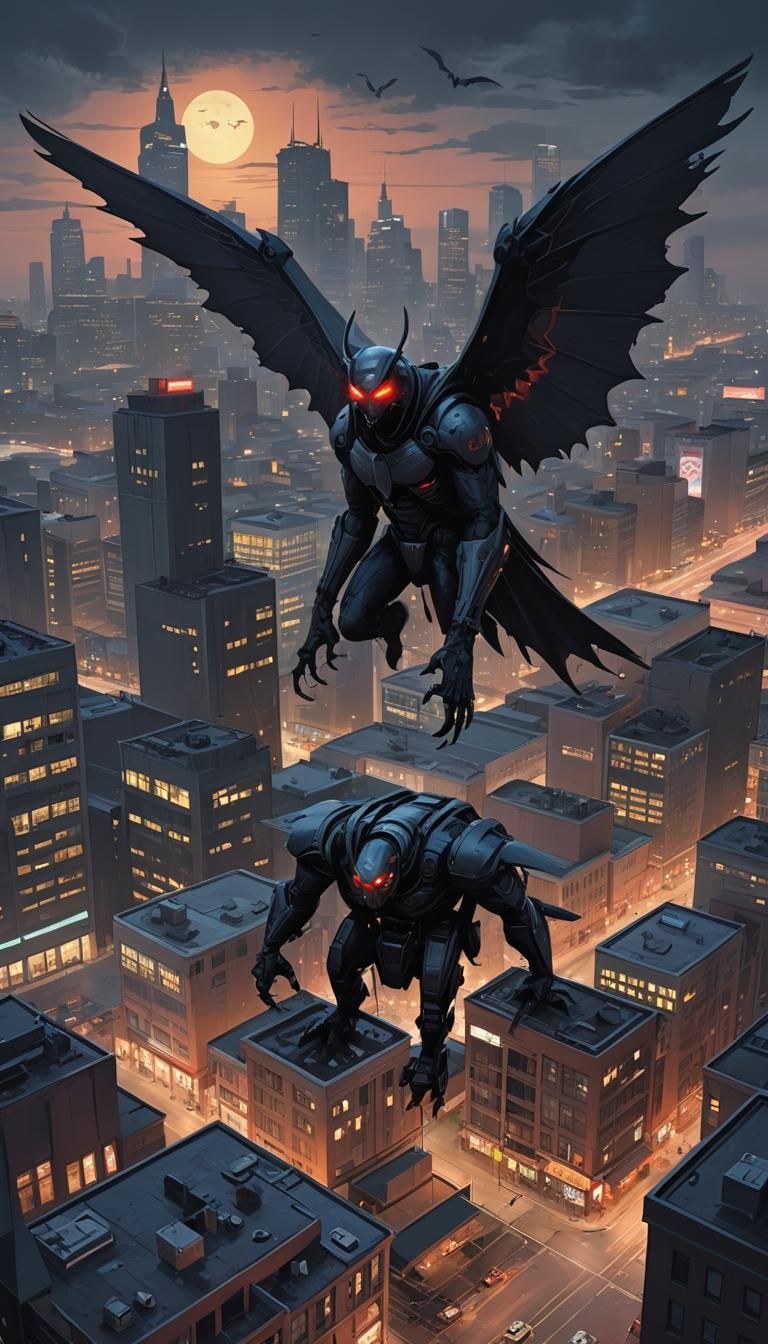 mothman, rooftop, modern city, at night, dark, gloomy, horror, comic book style, professional ominous concept art, by ar...