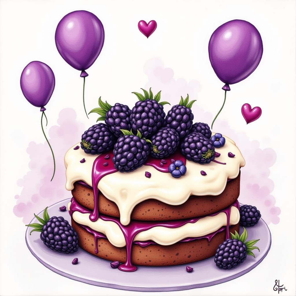 Whimsical Watercolor Birthday Scene with Blackberry Cake and...
