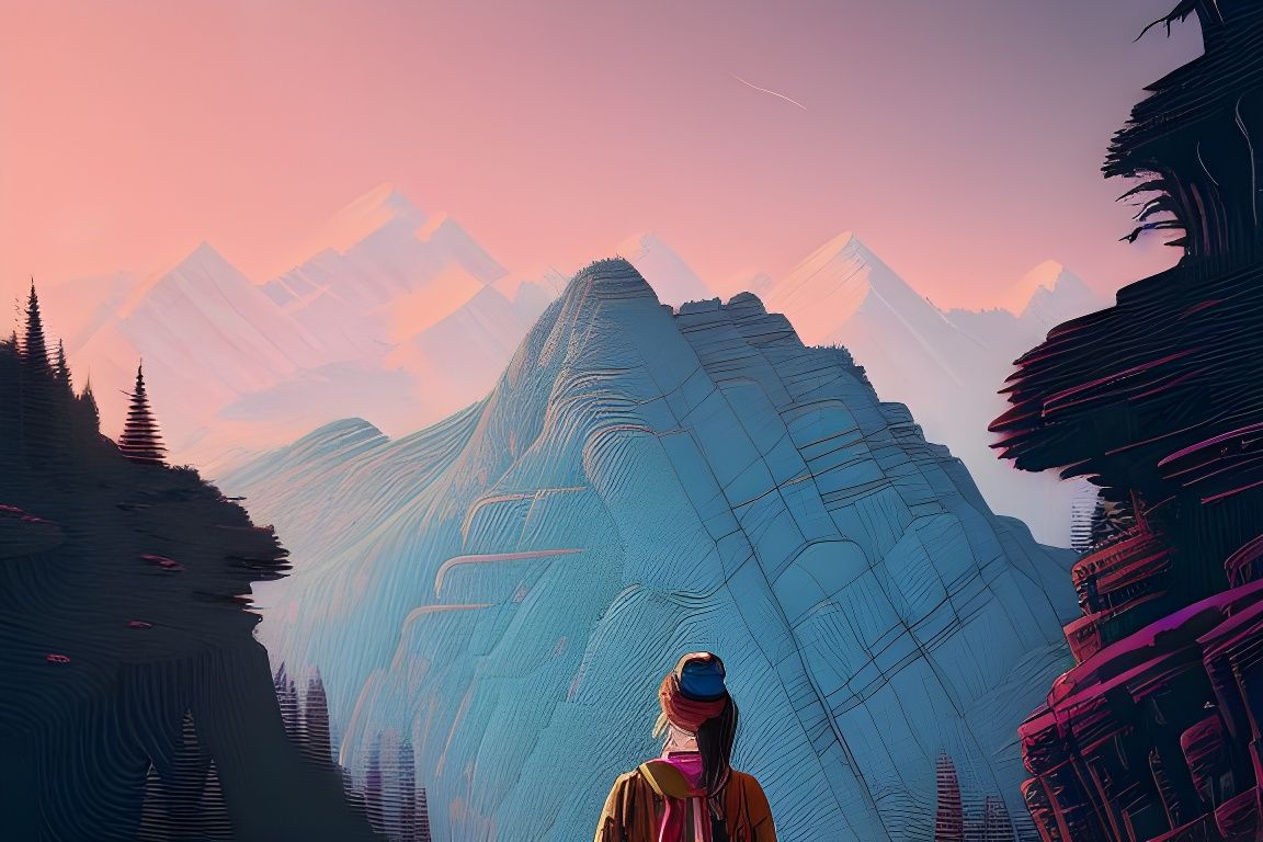 Woman Hiking in Mountains: Digital Illustration