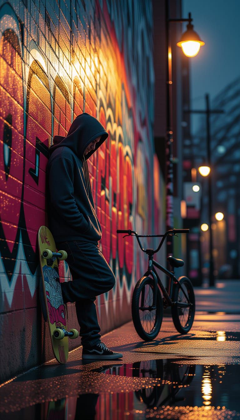 Moody Urban Night Scene with Skateboard in 8K