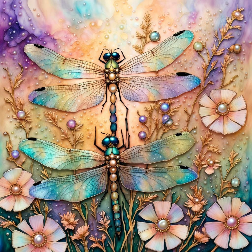 Iridescent Dragonflies in Wildflower Field with Gold Details