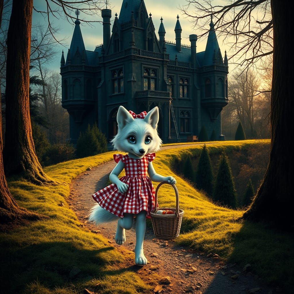 Silver-Haired Wolf Approaches a Gothic Mansion