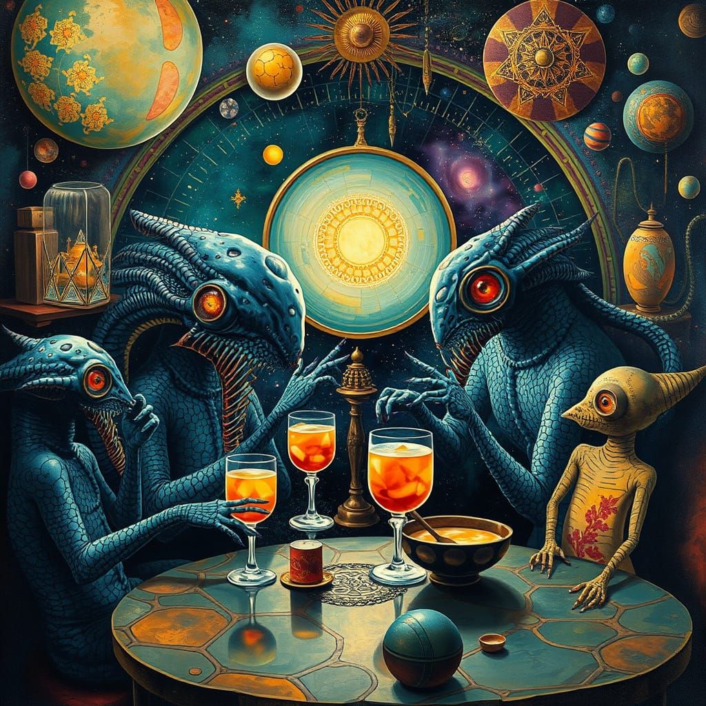 Surreal Galactic Cafe: A Maximalist Oil Painting