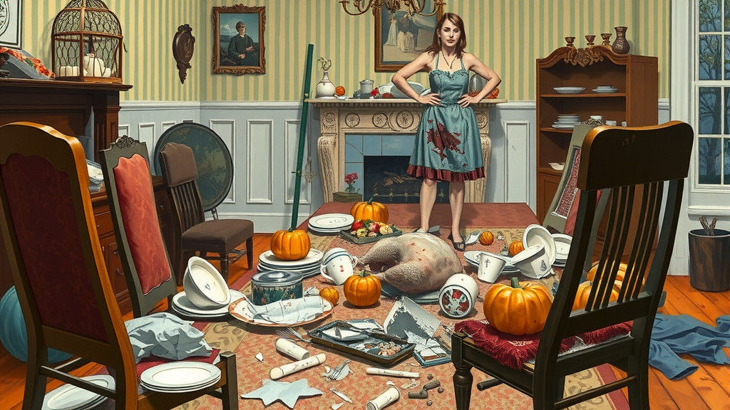 Chaotic Thanksgiving Dinner in Expressive Satirical Style