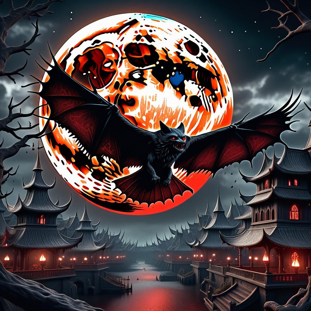 Bats of the Red Moon: Hyperrealistic Horror Concept Art