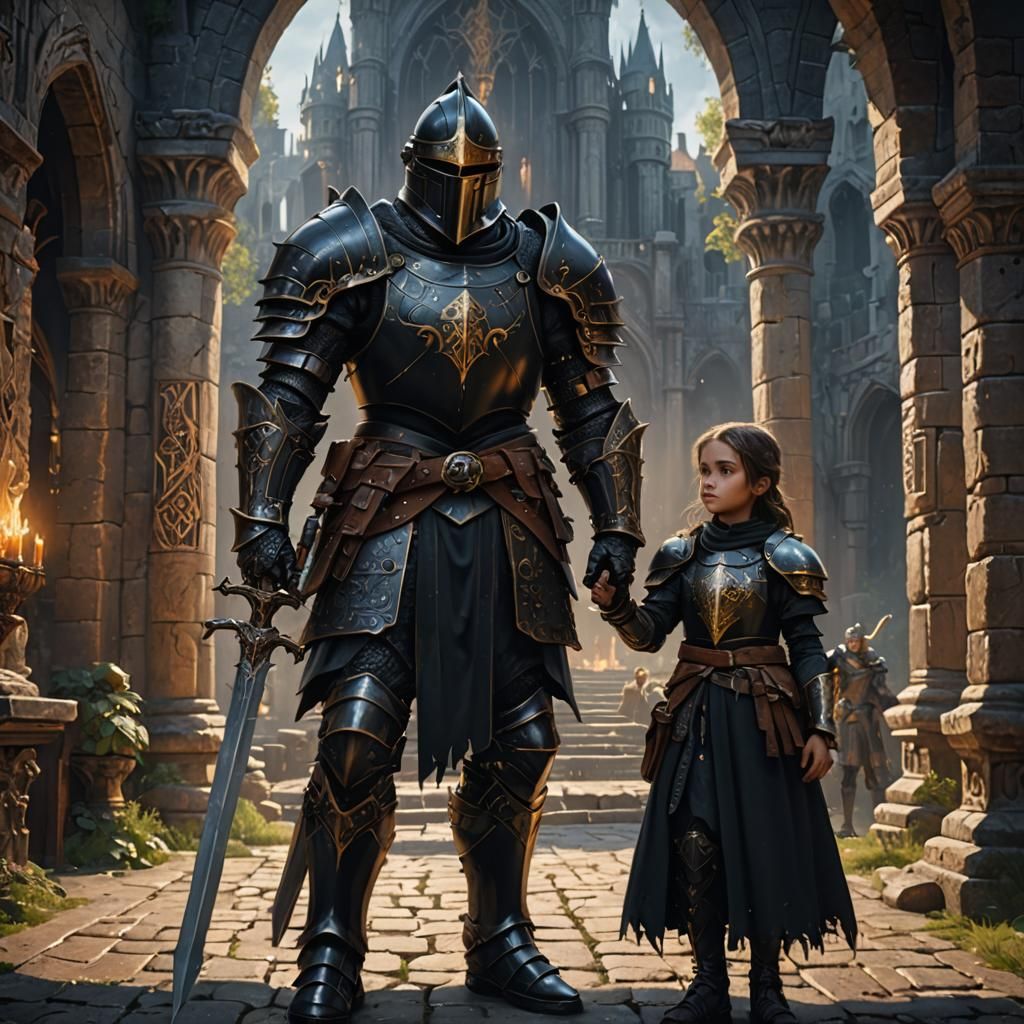 Knight Protecting Girl in Detailed Matte Painting