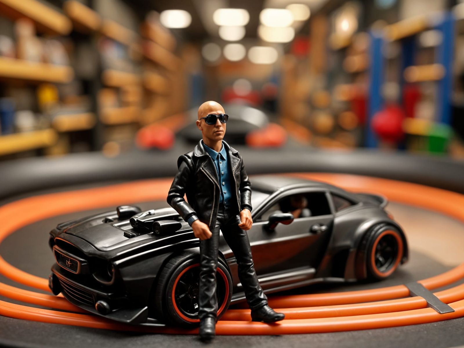 Fast Action Figure Leans Against HotWheels Car