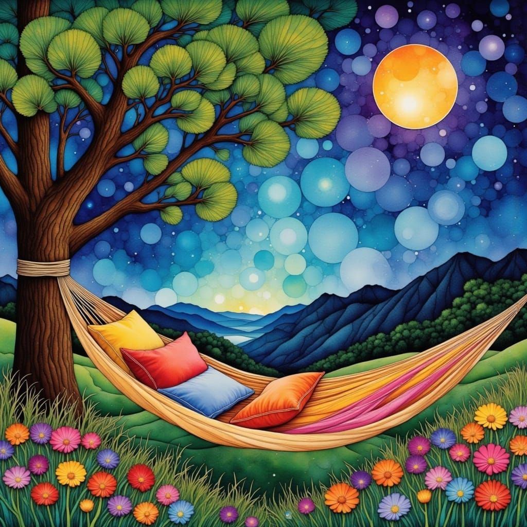 Serene Hammock Scene Under Oak Trees at Sunset