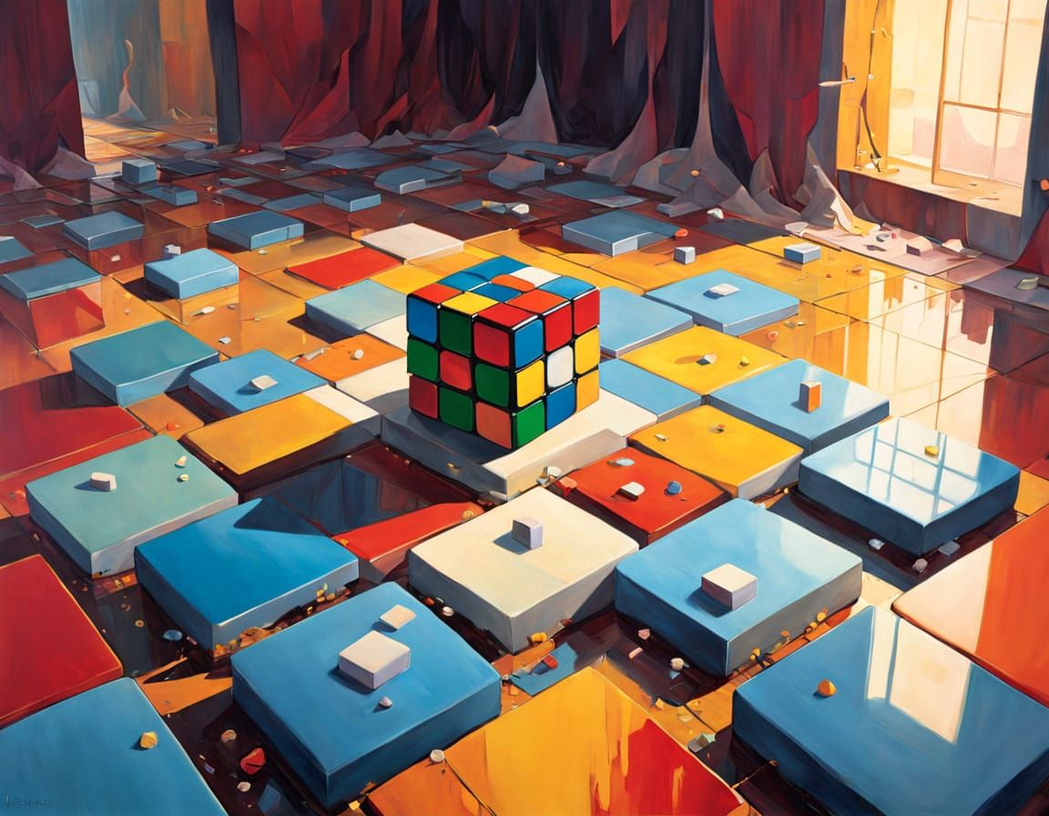 Picture of A Rubik's Cube lies on the table, the side of which flows from the table to the floor like a thick liquid. Th...