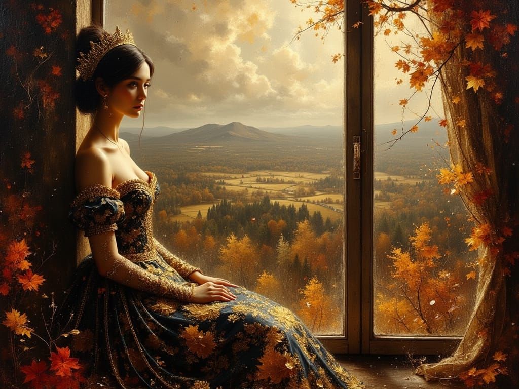 Baroque Queen Overlooks Autumnal Castle Landscape