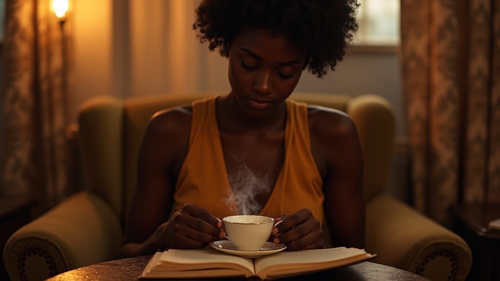 Serenely Contemplative Nigerian Woman in Cozy Café Setting
