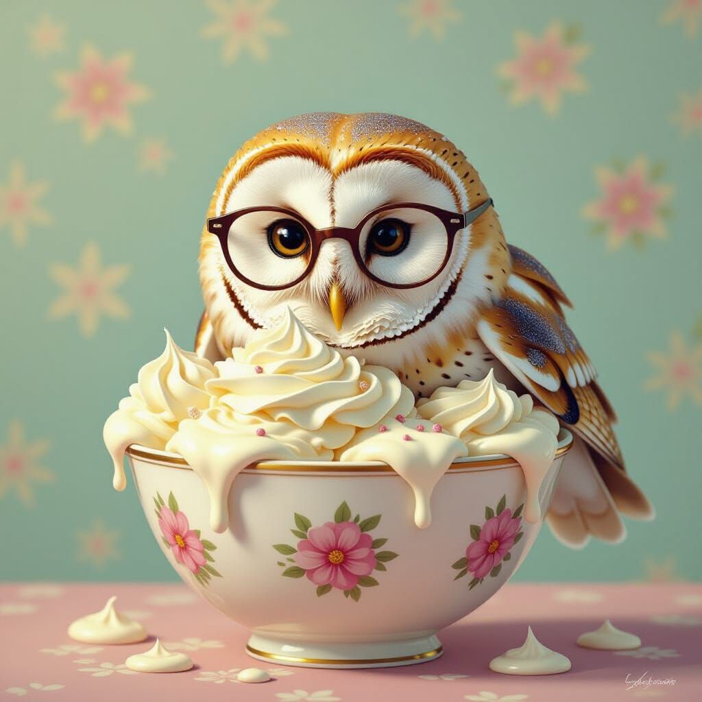Whimsical Owl Covered in Ice Cream and Whipped Cream