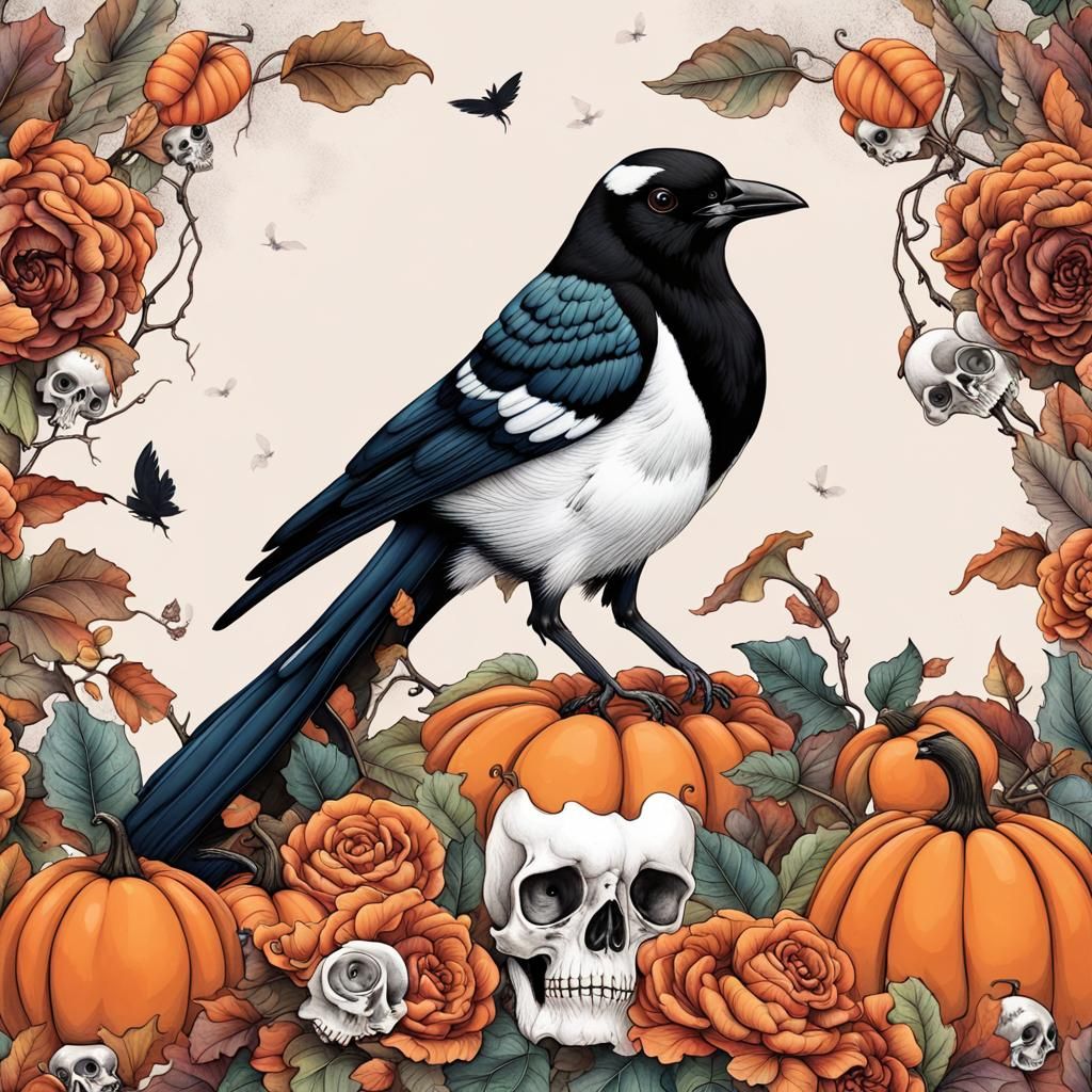 Halloween Magpie with Pumpkins, Skulls, and Flowers